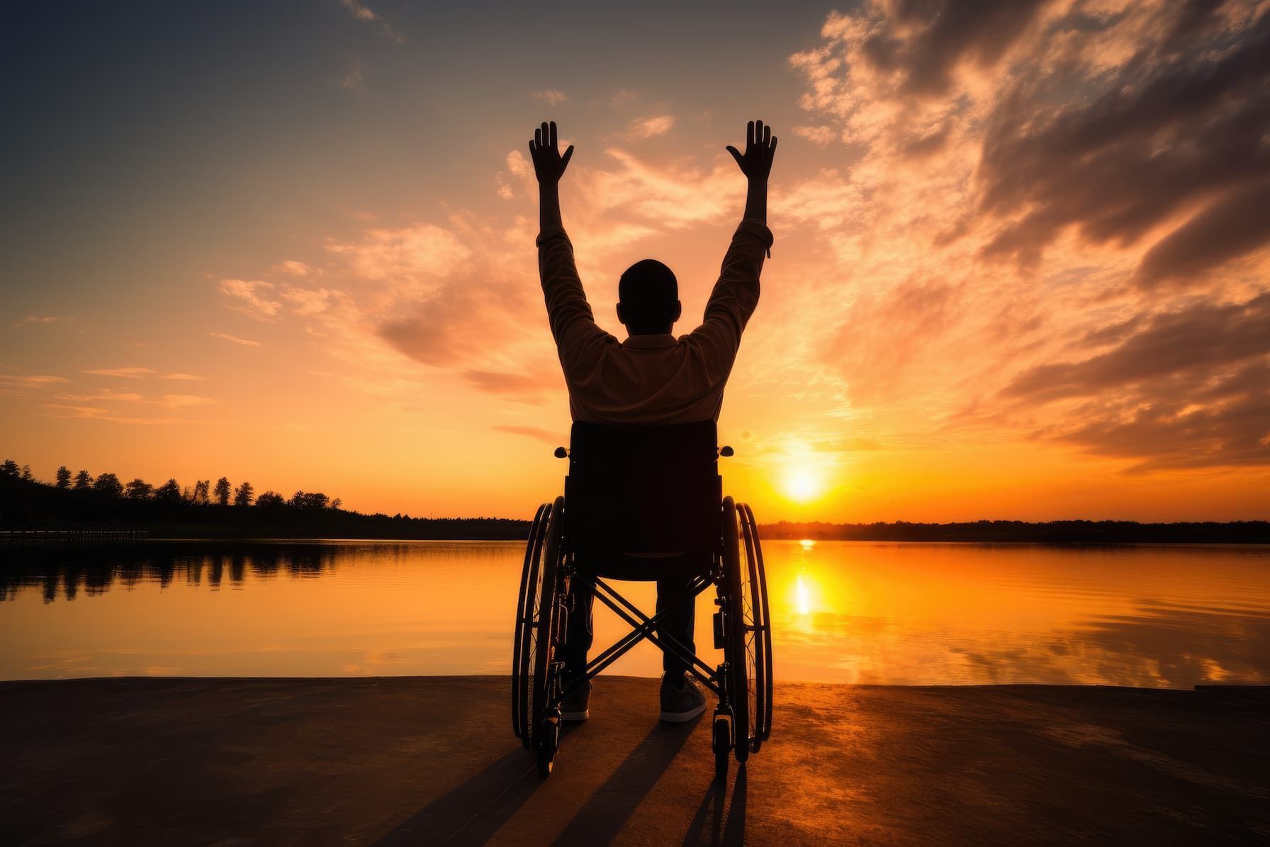 A person in a wheelchair watching the sunset.