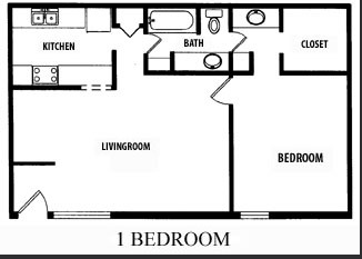 Floor plan for a one-bedroom apartment. Includes kitchen, living room, bedroom, bathroom, and closet.