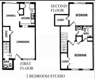 Floor plan of a two-bedroom studio apartment. Includes first and second floor layouts with rooms labeled.