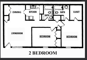 Floor plan: 2-bedroom apartment layout showing living room, dining, kitchen, two bedrooms, bathrooms, and closet.