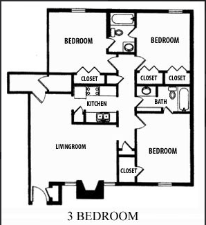 Floor plan of a 3-bedroom apartment layout. Includes kitchen, living room, bathroom and closets.