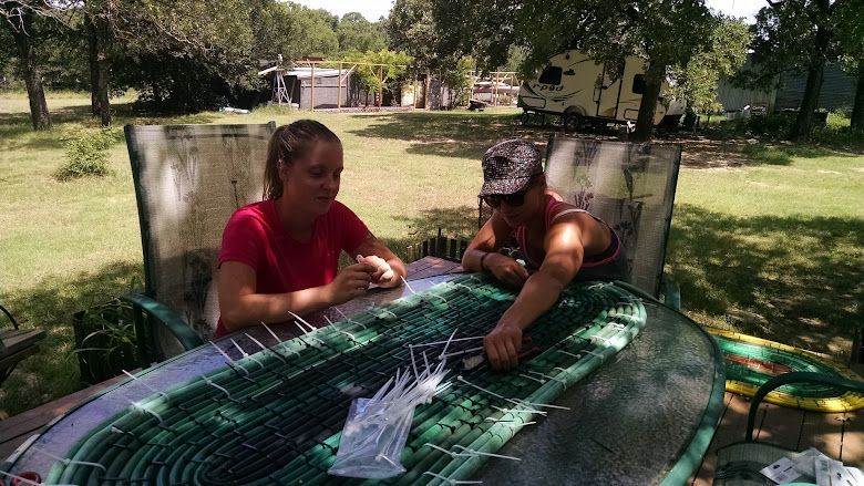 Two people outdoors at a table, leaning over a green net-covered surface in a sunny yard.