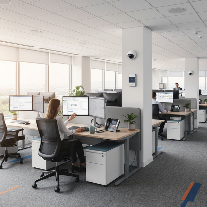 A professional office with employees working at desks, dual monitors, and security cameras mounted on pillars.