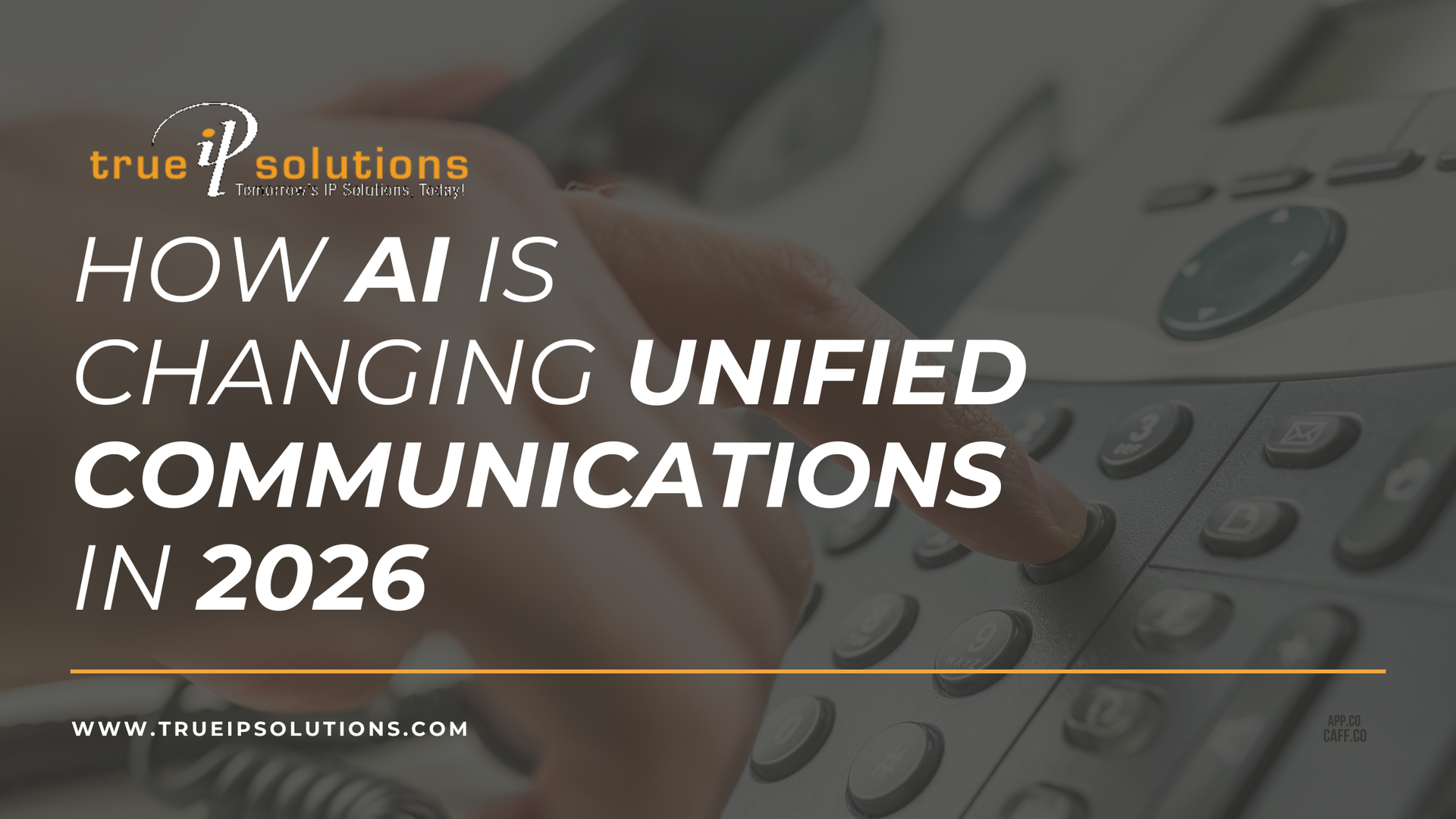 A hand presses buttons on a desk phone, overlaid with text reading: