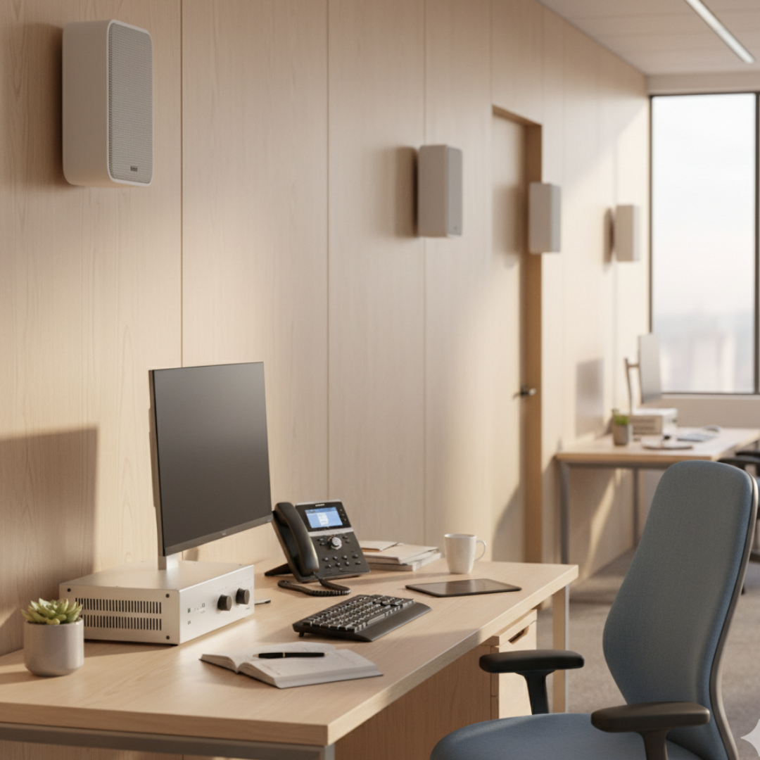 Office workspace with desk, monitor, phone, speakers mounted on the wall. Natural light through a window.