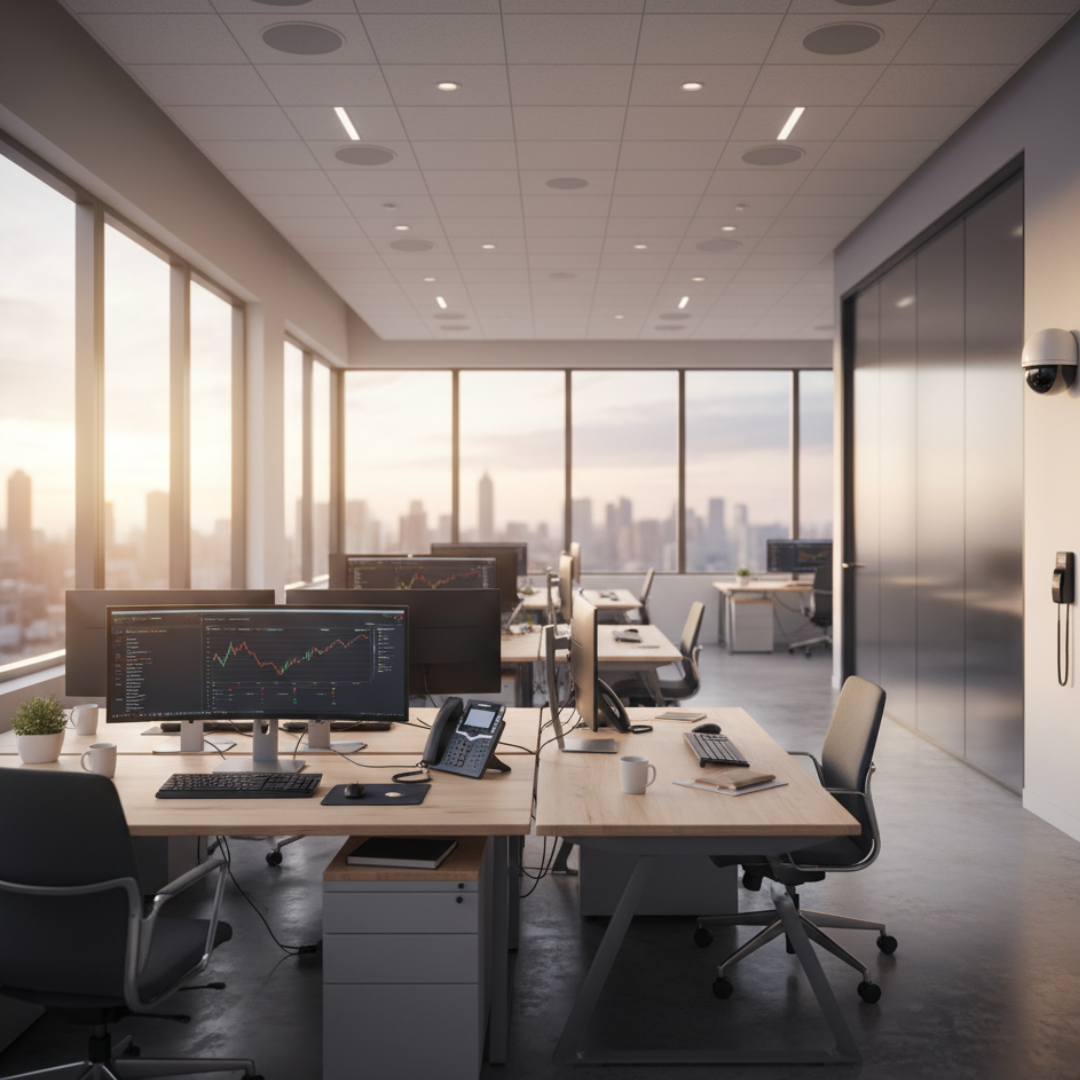 Office with desks, computers, and city skyline view through large windows. Sunlight illuminates the space.