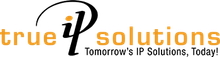 A logo for True IP Solutions, featuring the text in gold with a stylized, black 