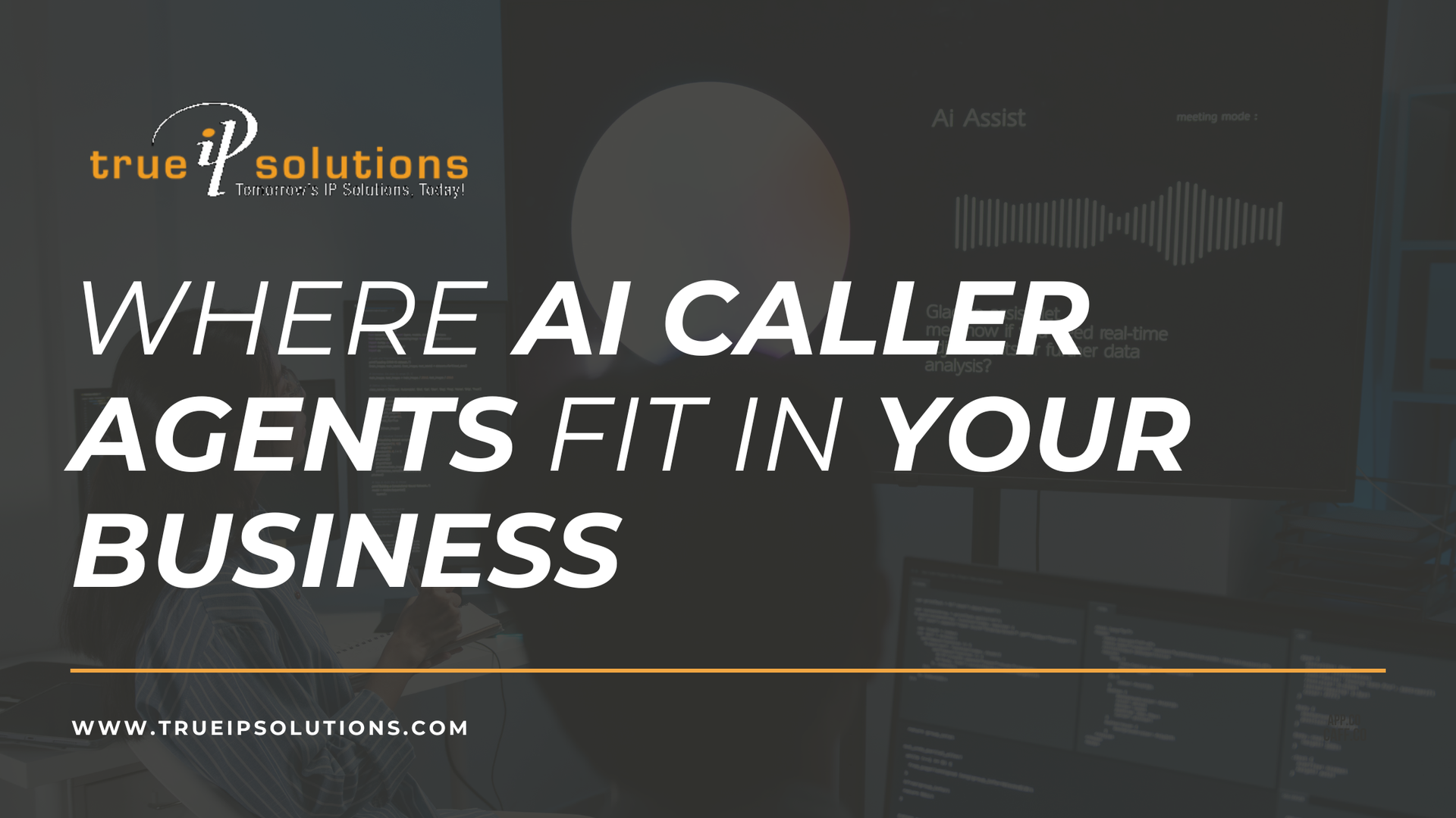 Dark business website banner with logo and text: “Where AI caller agents fit in your business.”