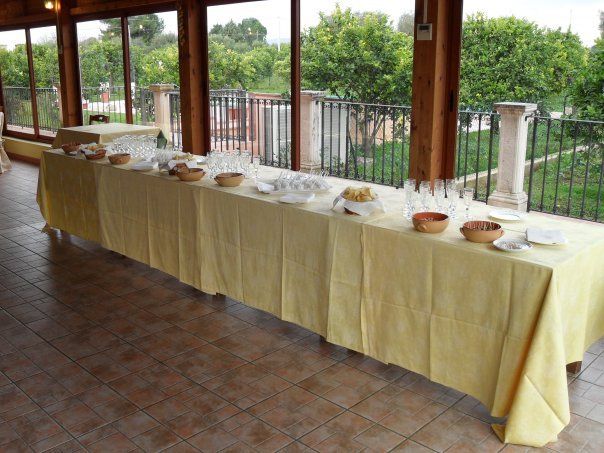 Lungo tavolo da buffet apparecchiato con cibo e bicchieri su una veranda con vista su un cortile verde.