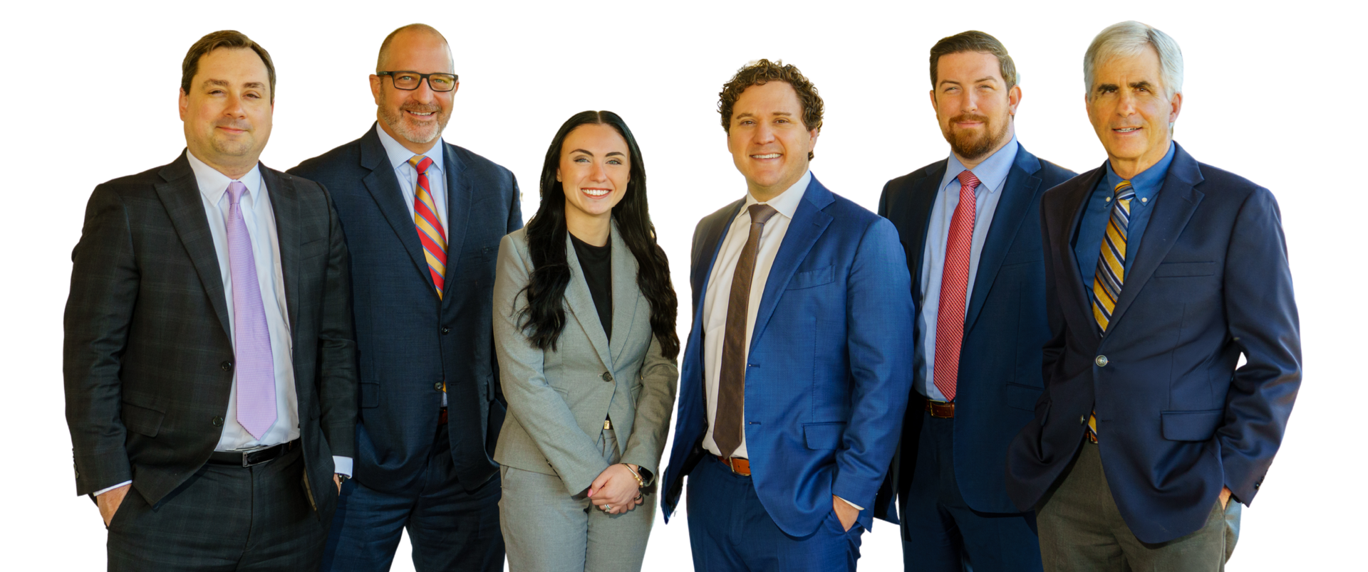Six professionals (SYT attorneys) posed side by side in suits.