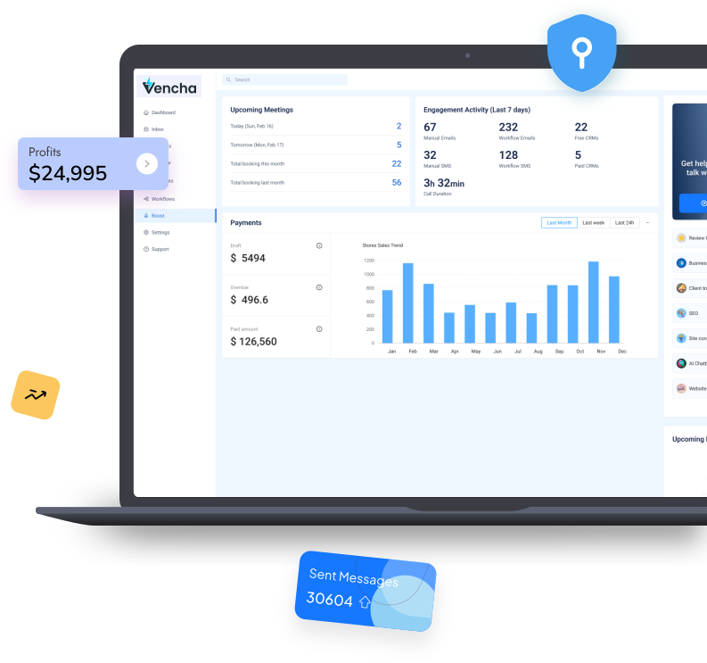A laptop computer with Vencha dashboard on the screen.