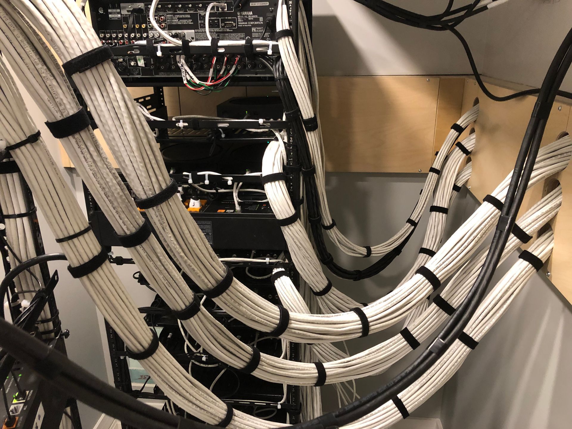 Bundled white cables secured with black velcro straps, mounted in a rack.