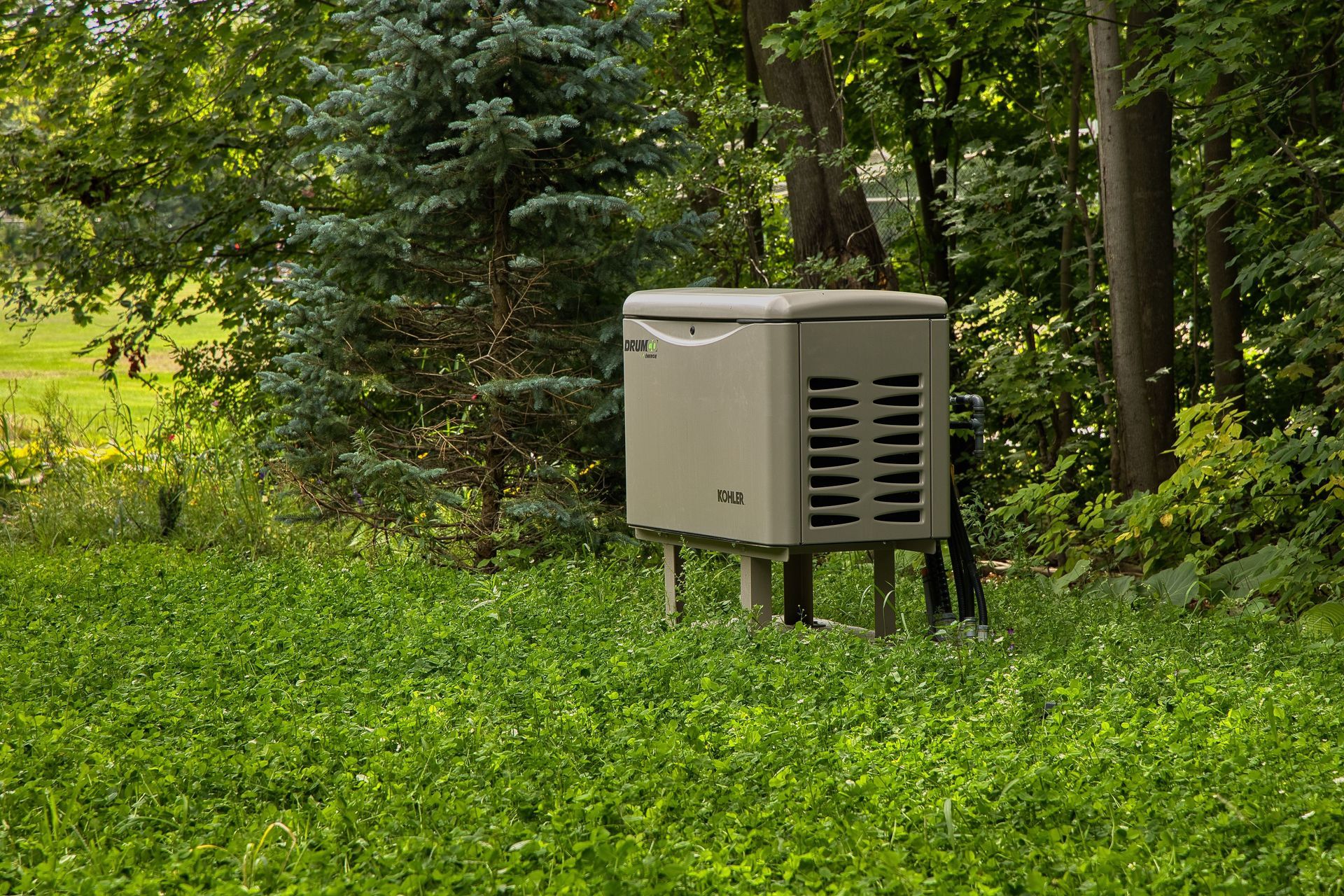 Tan-colored home generator in a grassy area surrounded by trees.