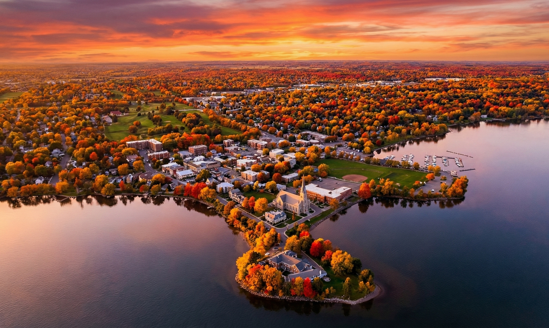 Aerial view of a town on a peninsula surrounded by a lake, with autumn foliage under an orange sunset.