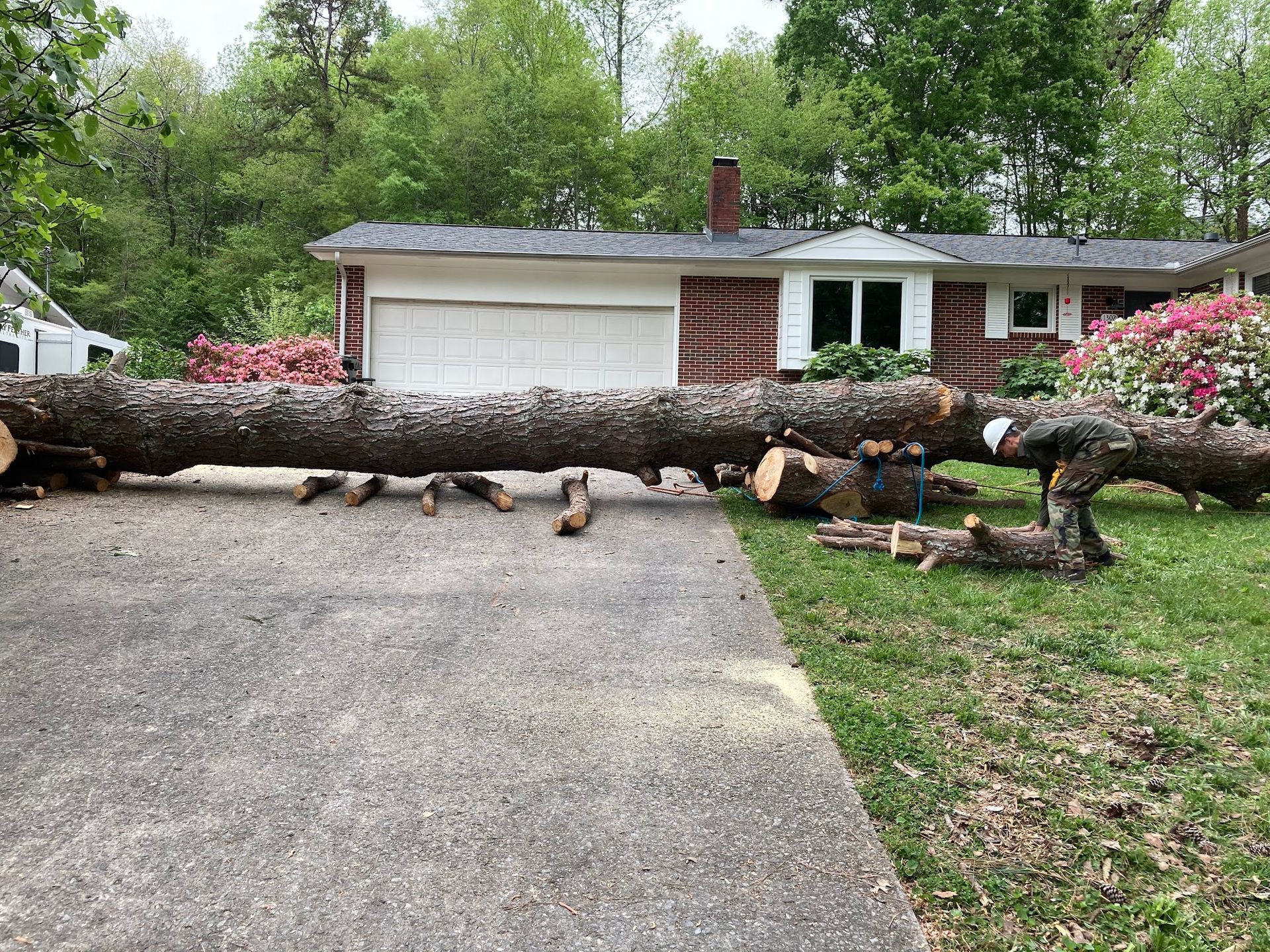 A large log is laying in the driveway in front of a house.