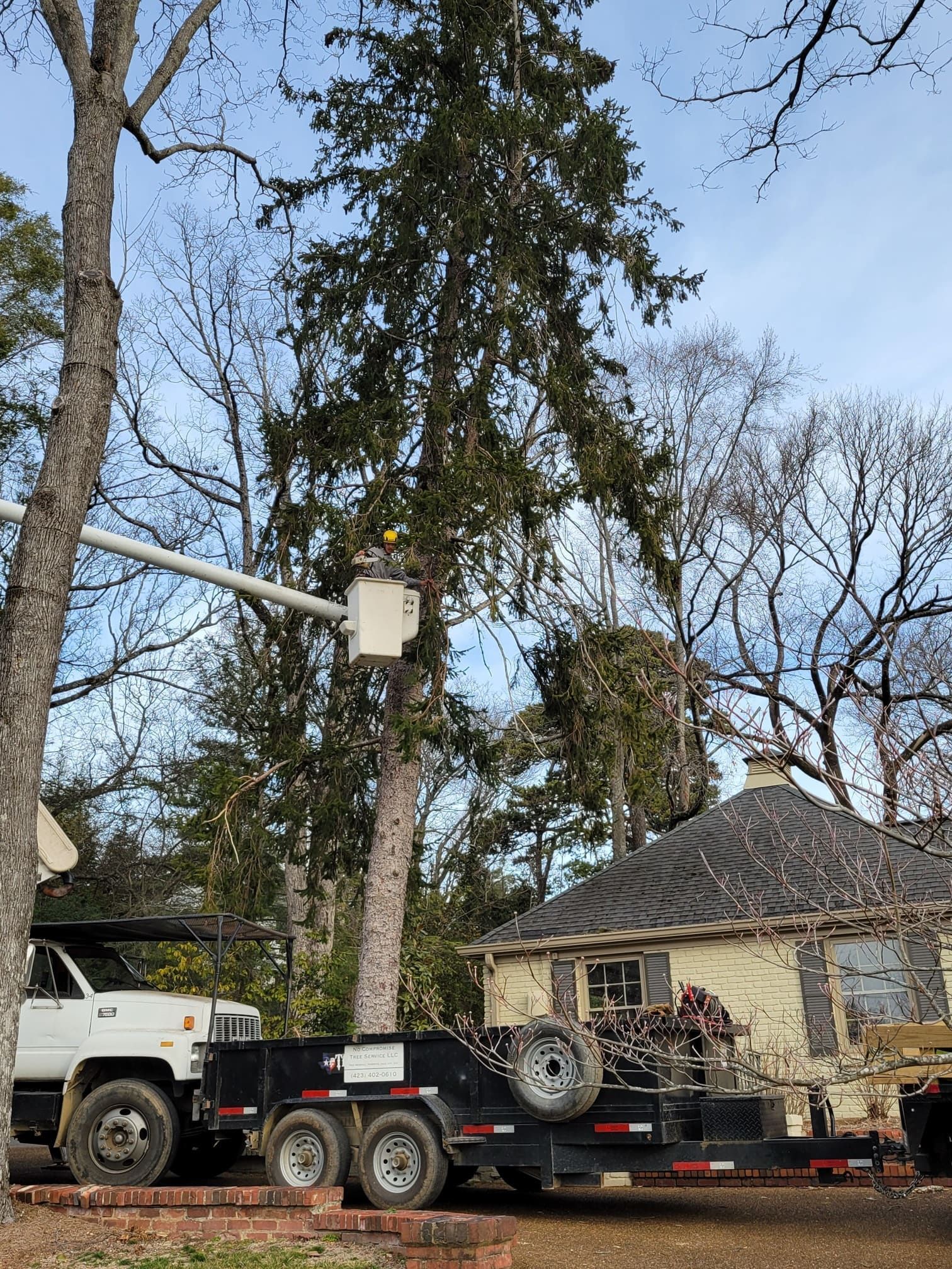 A tree trimming truck is parked in front of a house.