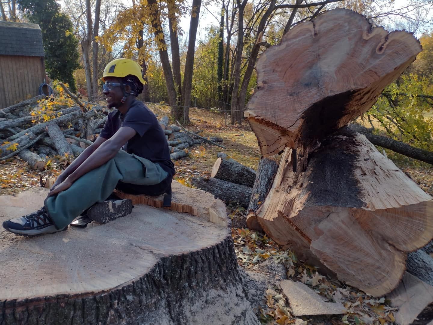 A man wearing a hard hat is sitting on a tree stump.