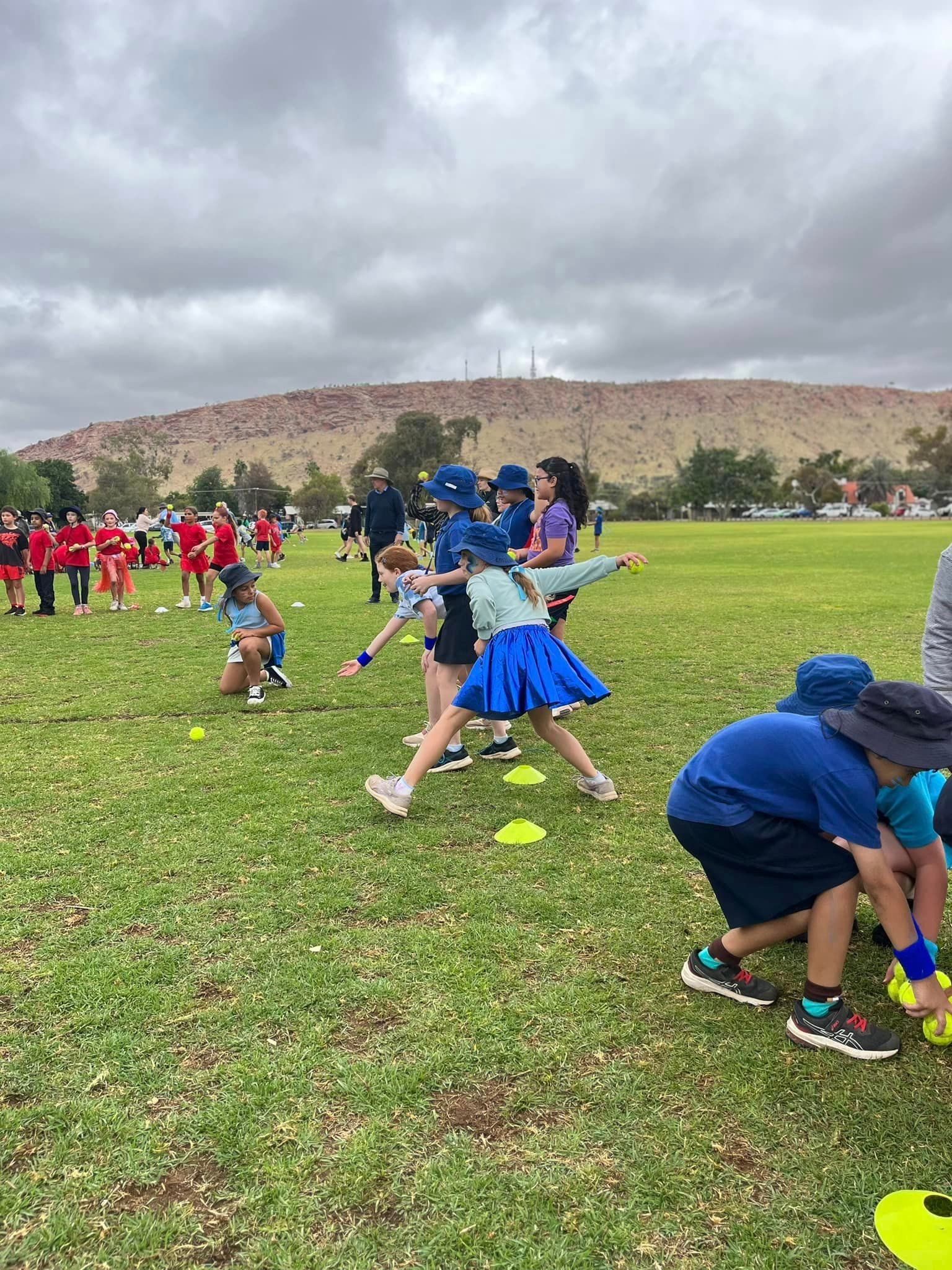 Children in blue and red teams playing on a grassy field, with a mountain in the background.