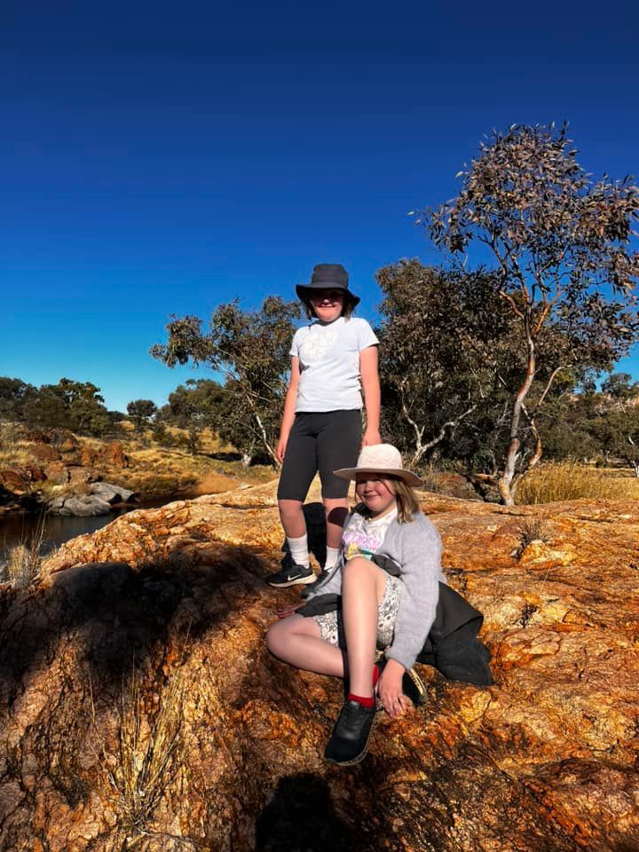 Two people in hats stand on a rock formation, trees and blue sky in the background.