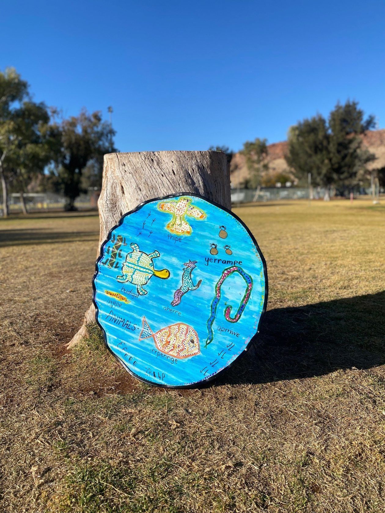 A colorful drawing of sea creatures on a wooden slab is displayed outdoors on a tree stump.
