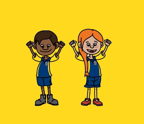 Two children in school uniforms with arms raised in the air.