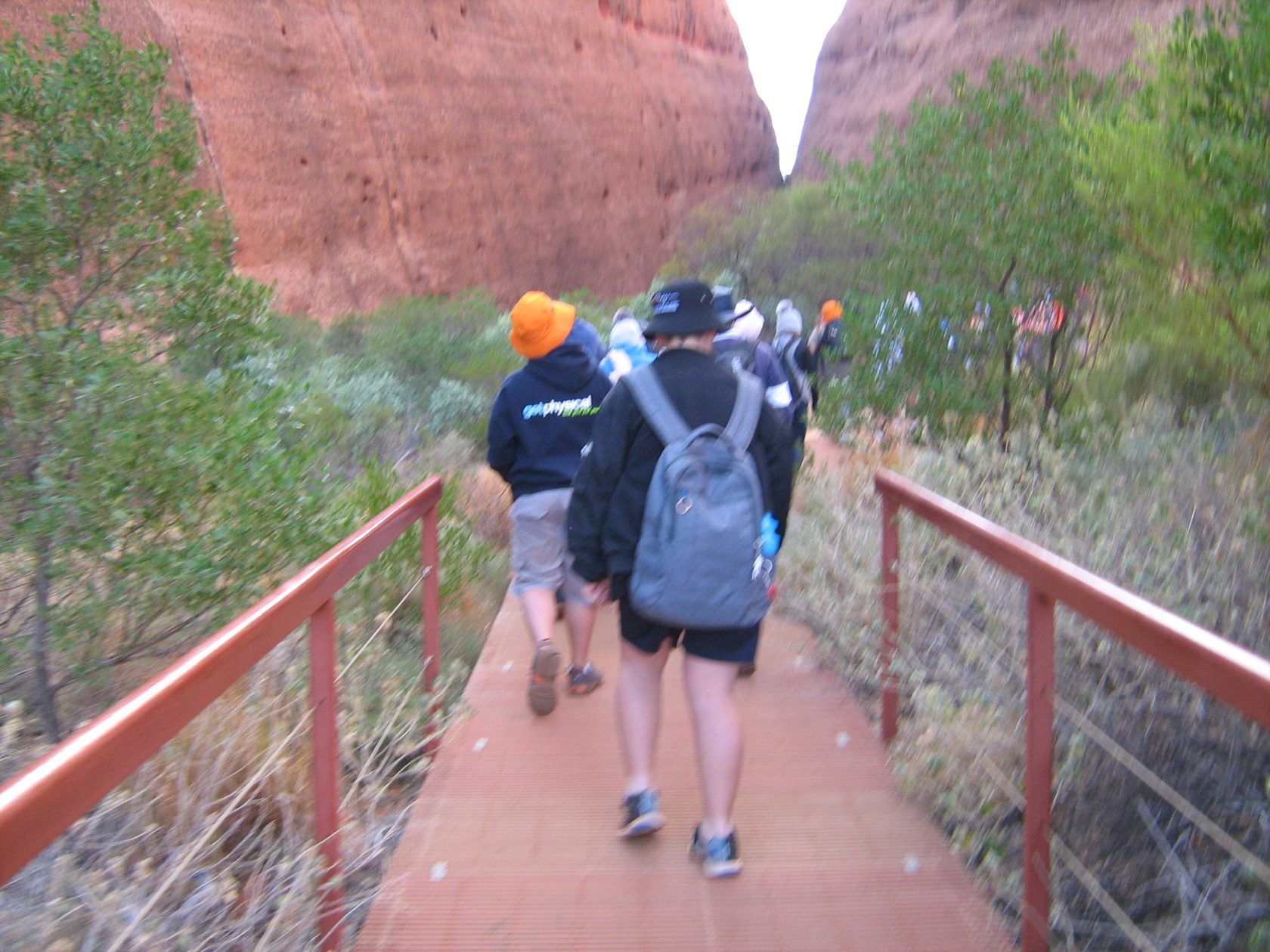 People walking on a red bridge through a canyon. Some wear hats and backpacks; the setting is outdoors.