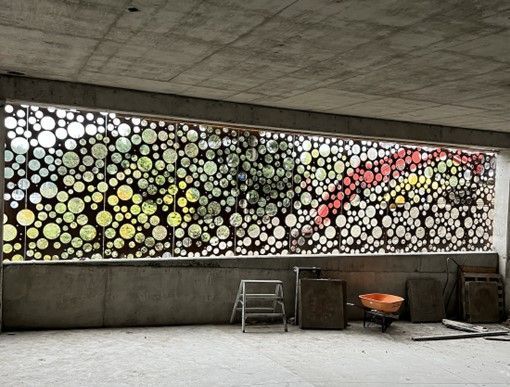 Interior view of custom metal work on facade of building