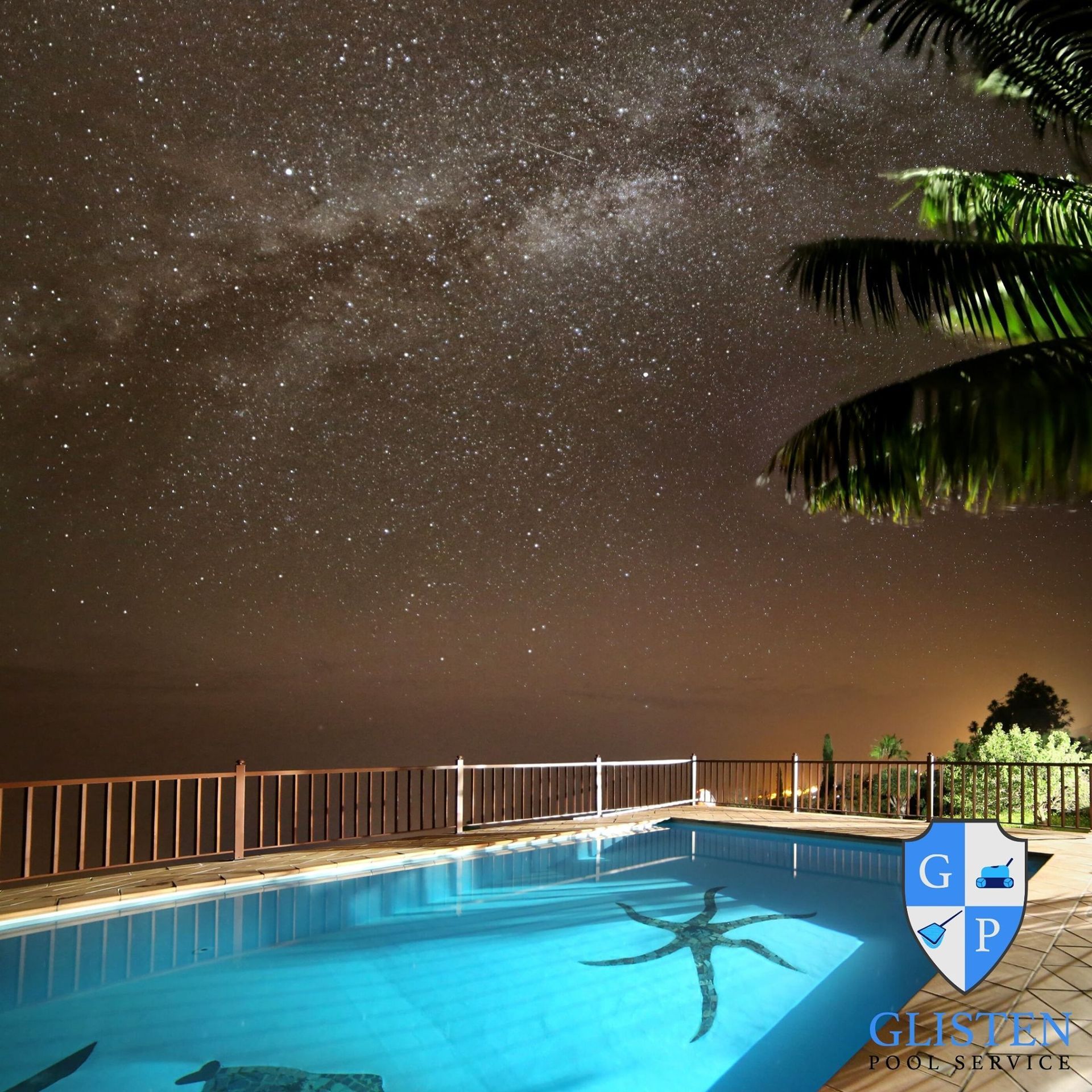 Pool under starry night sky; palm tree on right; Milky Way visible.