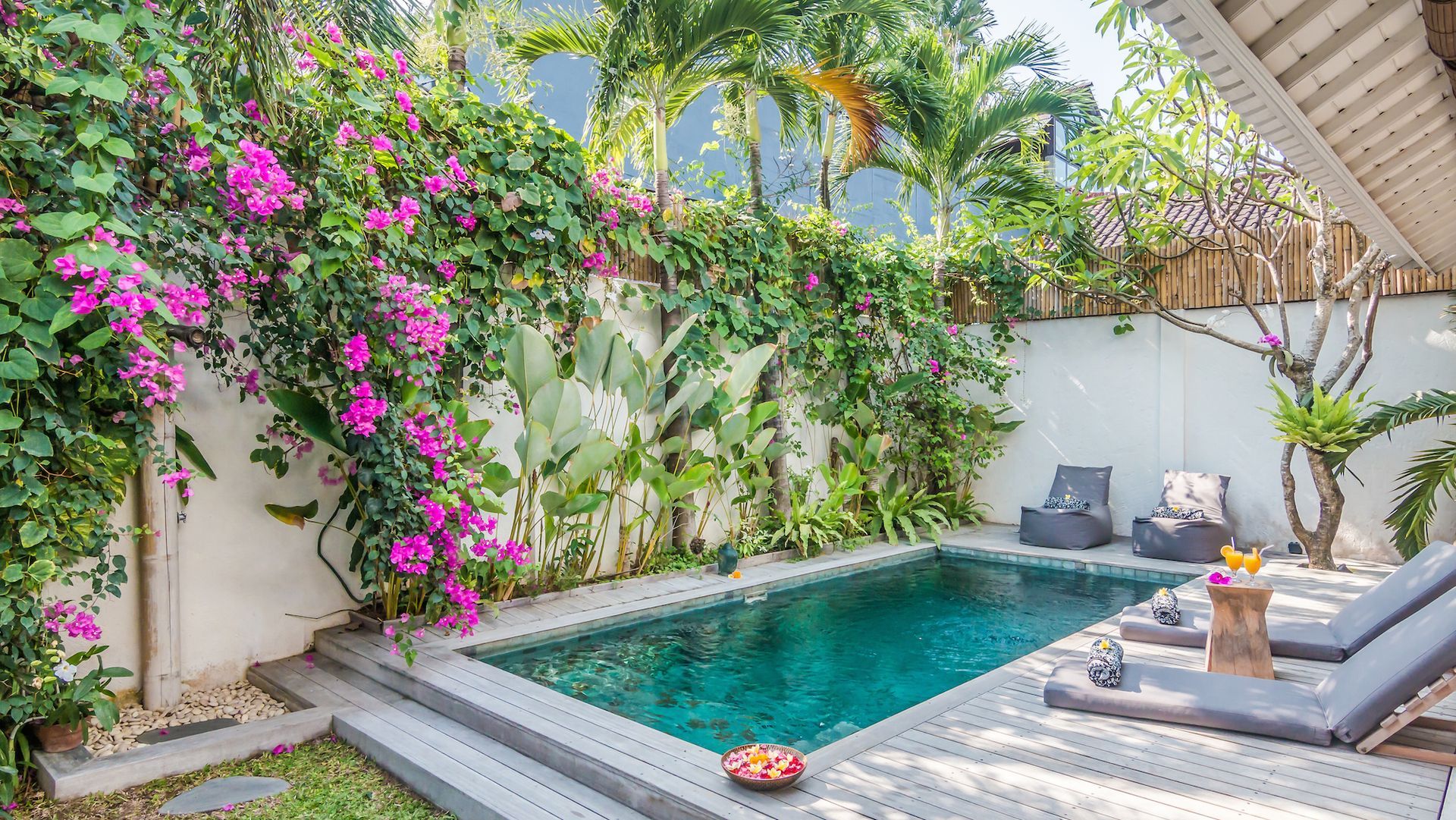 Pool area with blooming bougainvillea, two lounge chairs, and tropical foliage.