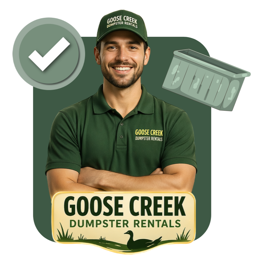 Construction crew filling waste bin during demolition project