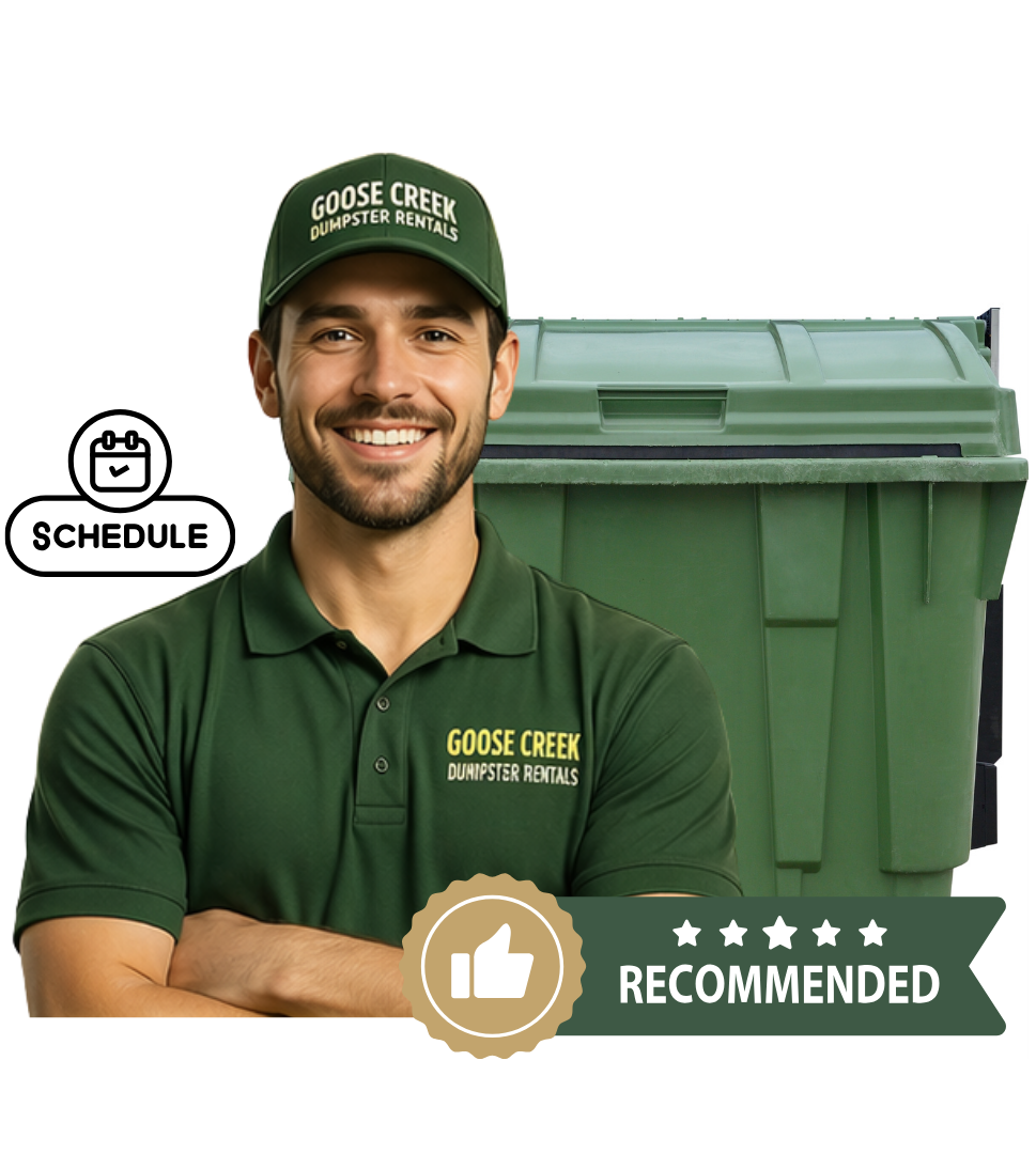 Dumpster rental service unloading container at Goose Creek property