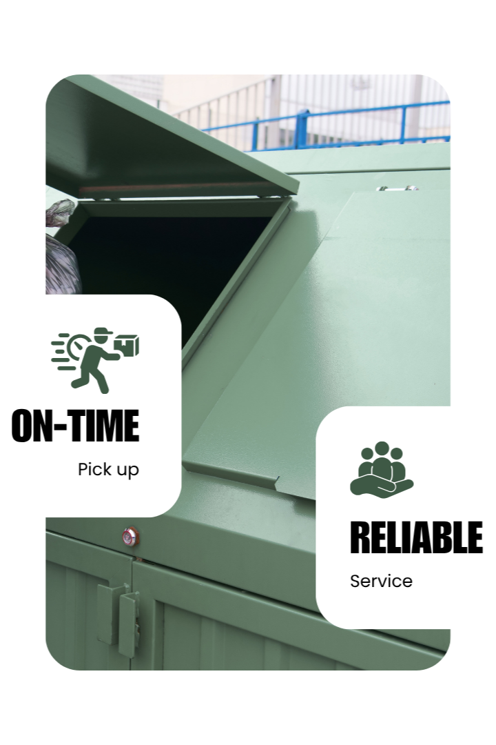 Waste management roll off dumpster placed near commercial building