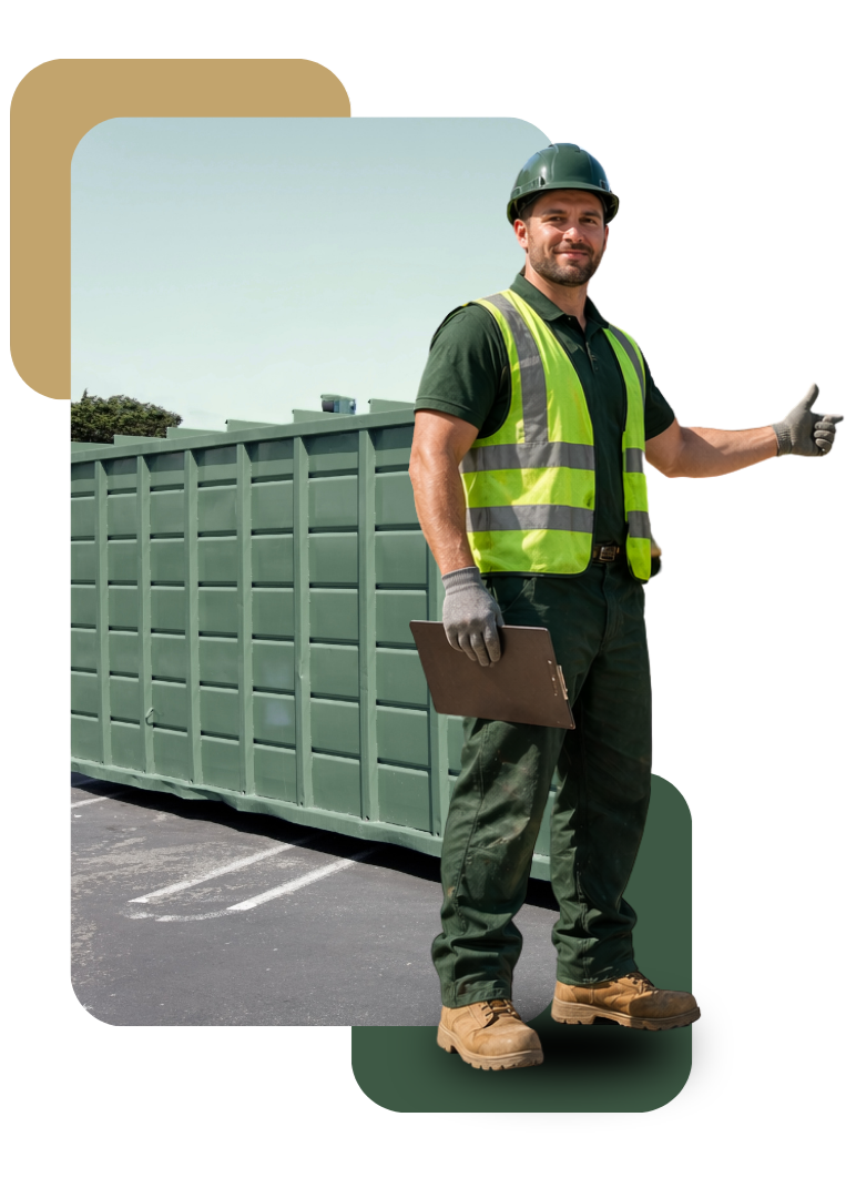 Team member guiding 15 yard dumpster placement for safe delivery