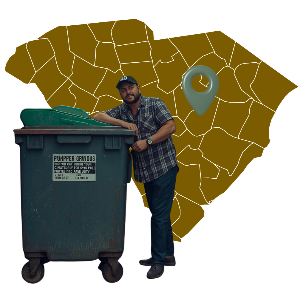 Worker securing debris inside dumpster during construction cleanup