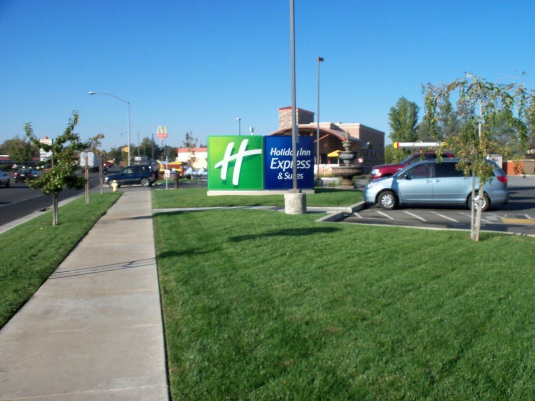 Holiday Inn Express hotel sign, green and blue, in a grassy area with cars and sidewalk.