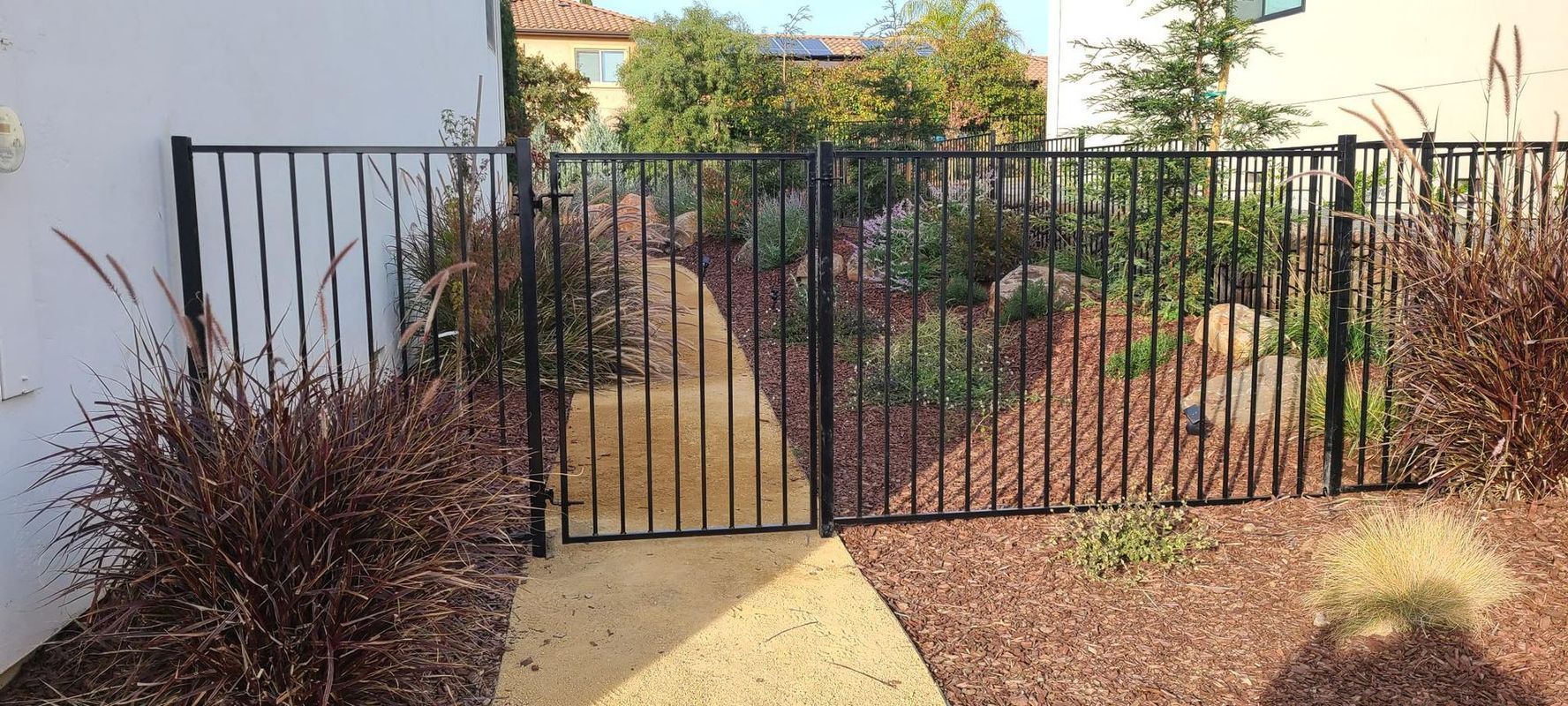 Black metal gate in a landscaped yard. Reddish-brown foliage on both sides of the gate.