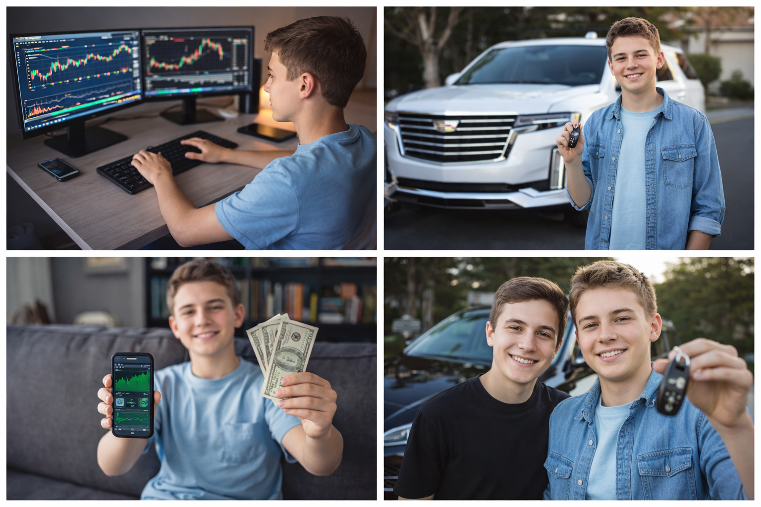 Teen standing beside luxury SUV holding car key at sunset city backdrop