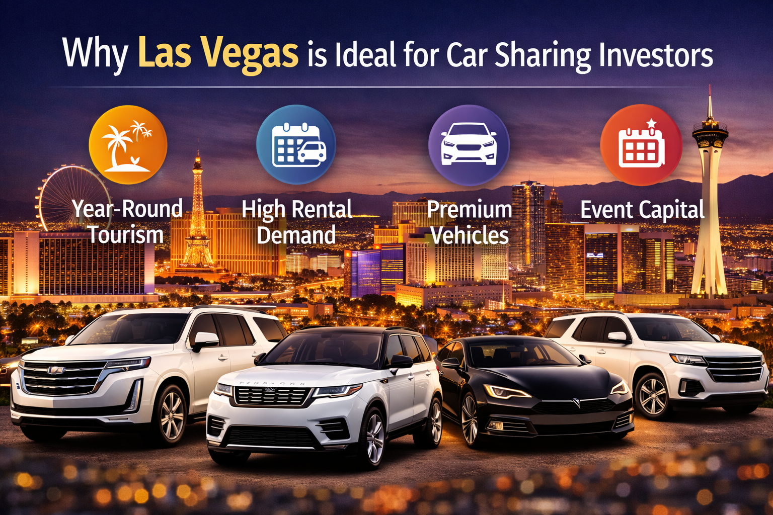 A nighttime view of the Las Vegas skyline with iconic hotels and neon lights, emphasizing the vibrant tourism market. In the foreground, a luxury SUV is parked, symbolizing car sharing opportunities.