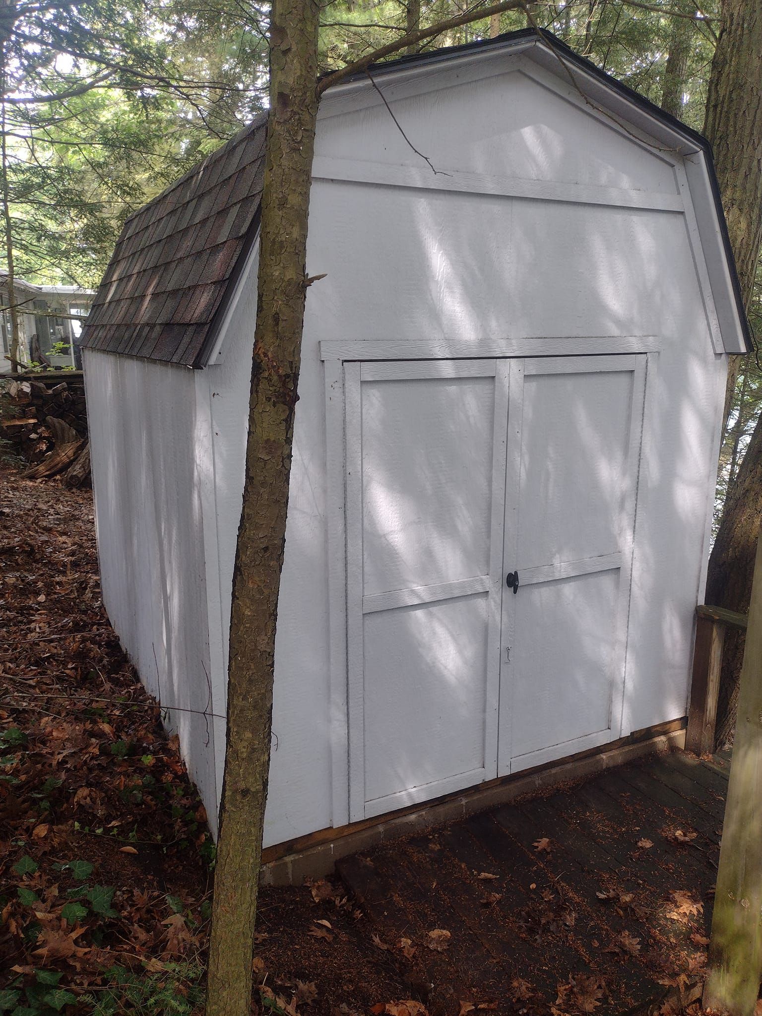 White shed with a dark brown roof in a wooded area.