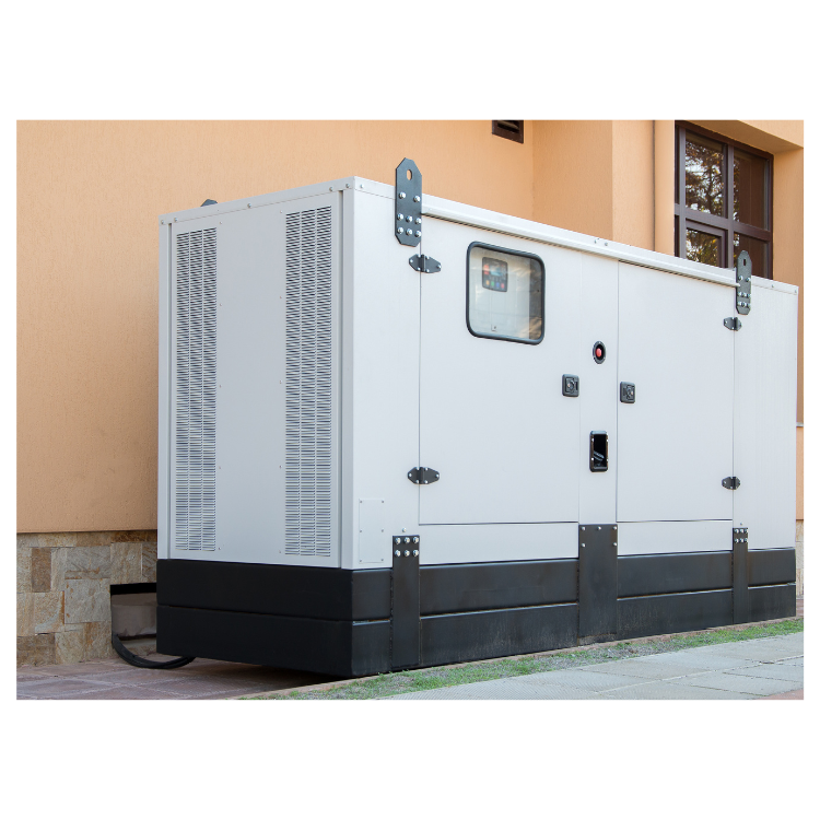 A large white generator is sitting outside of a building.