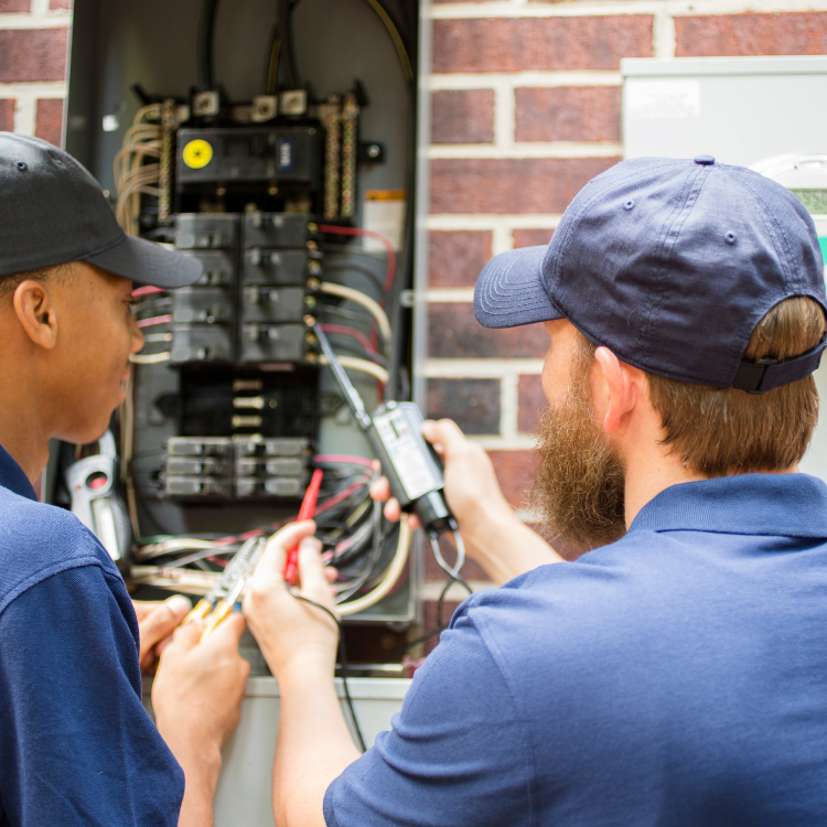 Two men are working on an electrical box with a brick wall in the background