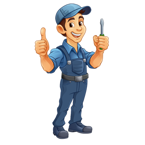 A cartoon mechanic is holding a screwdriver and giving a thumbs up.