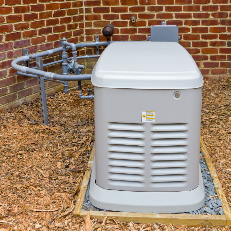 A generator is sitting outside of a brick building