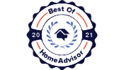 "Best of HomeAdvisor 2020-2021 award badge with a house icon and blue, orange, and white details."