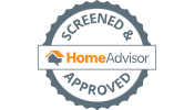 HomeAdvisor "Screened & Approved" seal with logo, orange house icon, gray and white.