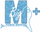 Logo for Big M Power Washing, a blue "M" with water texture, a plus sign, and a water gun illustration.