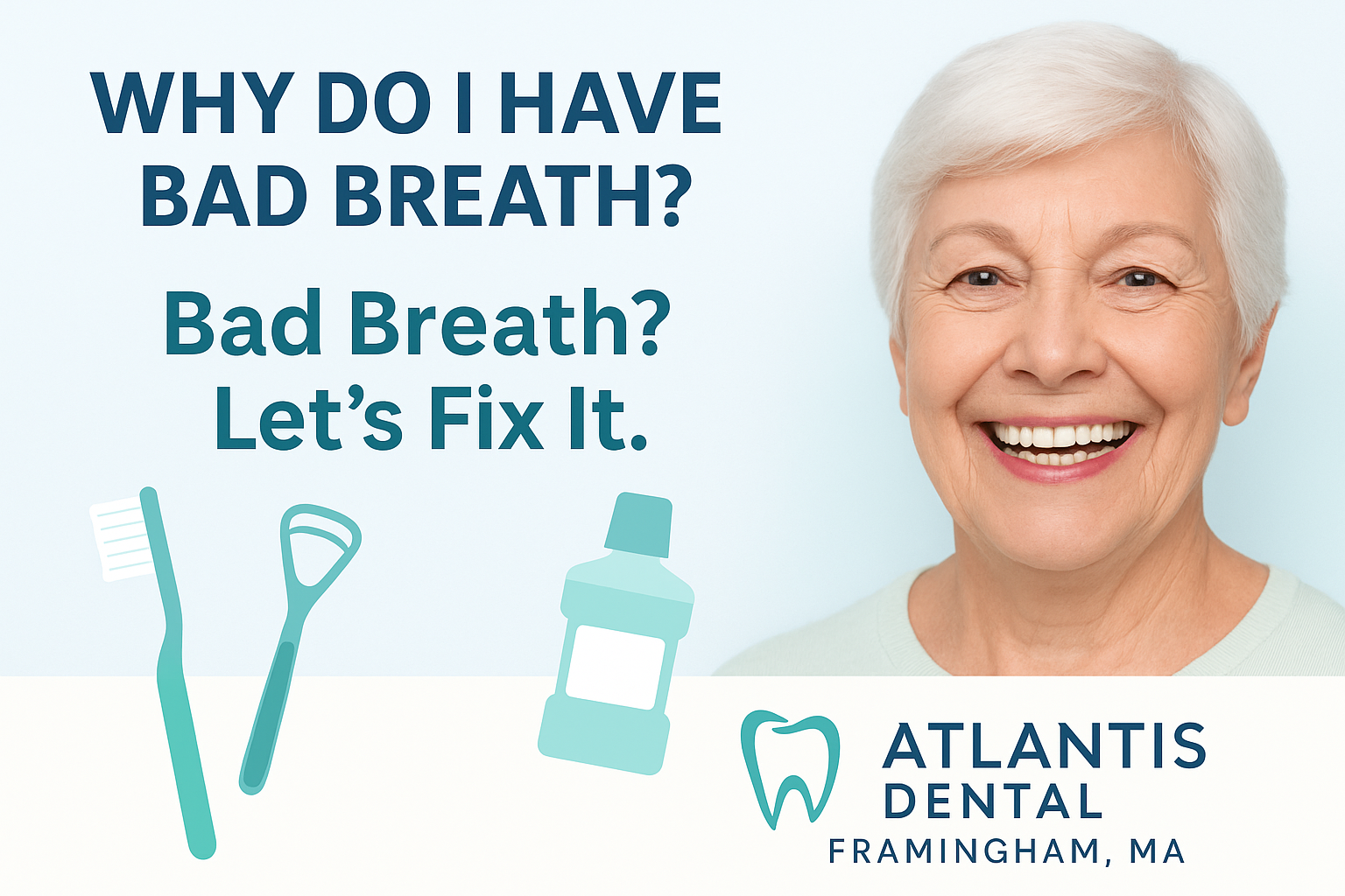 An older woman is smiling while holding a toothbrush and mouthwash.