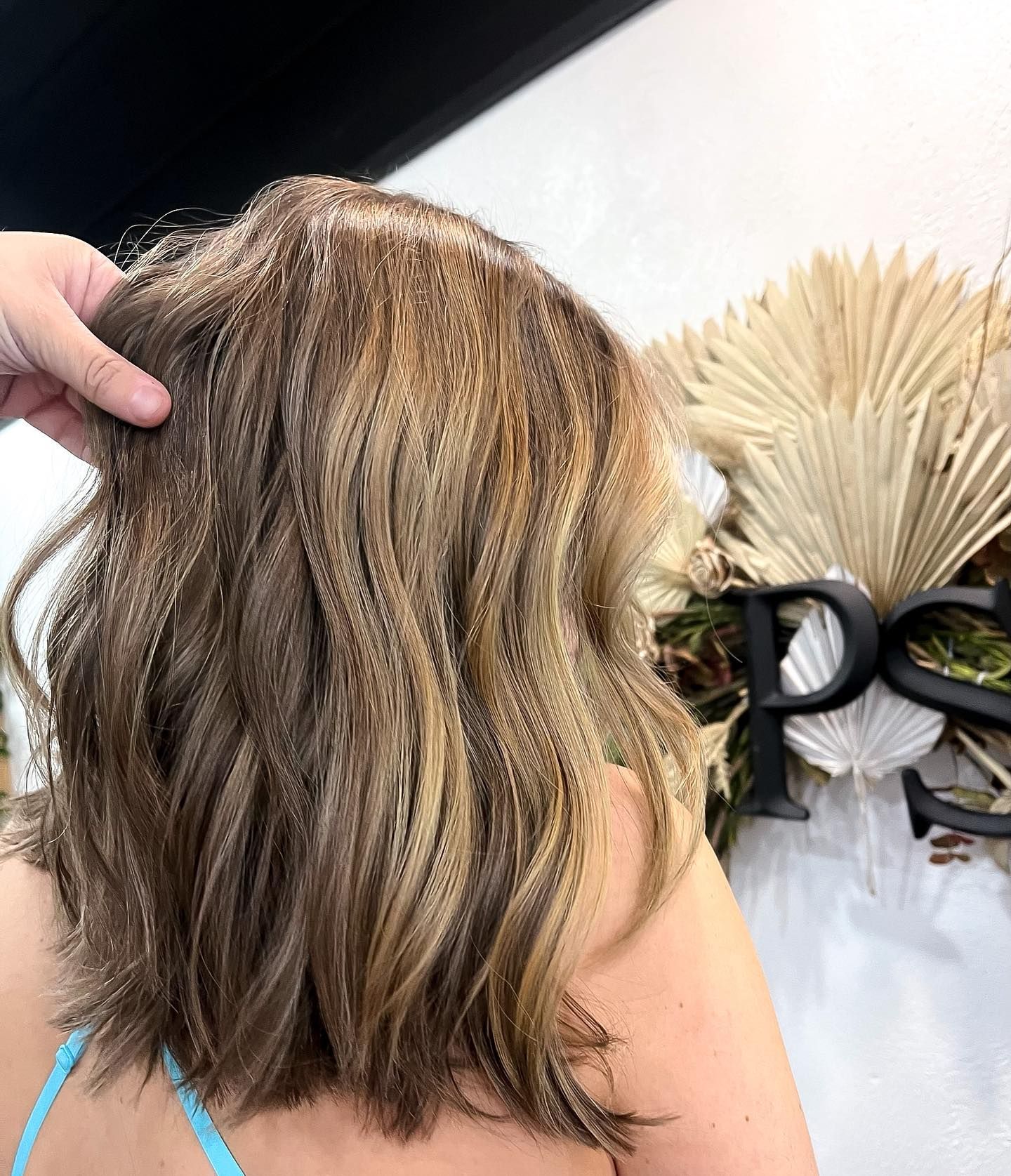 Woman's wavy, highlighted brown hair. A hand touches the hair near a wall with dried plants.