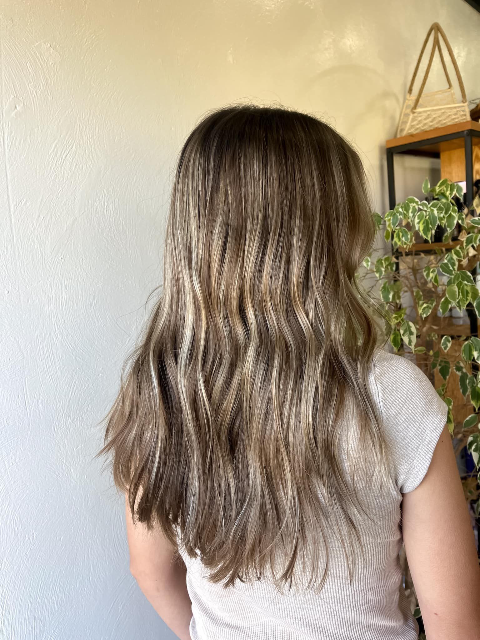 Woman with long, wavy brown and blonde hair, wearing a white patterned top, standing near a shelf with plants.