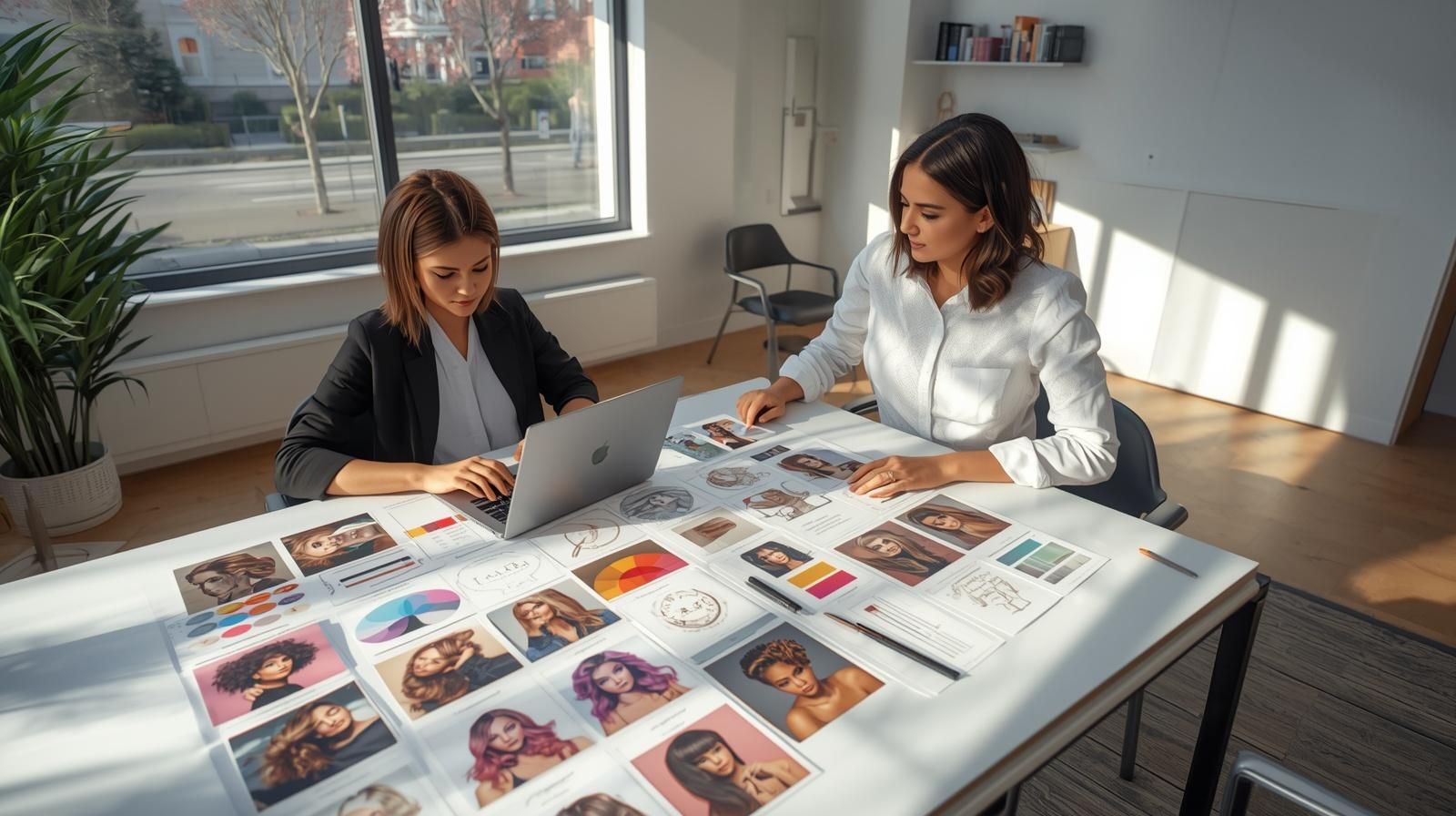 Two women collaborating at a table with hair color swatches and photos in an office setting.